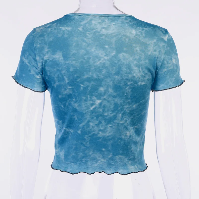 Blue Tye Die T Shirt Women Streetwear Harujuku Embroidery Butterfly Crop Top Button Tee Shirt Femme 90s Gothic Korean Clothes