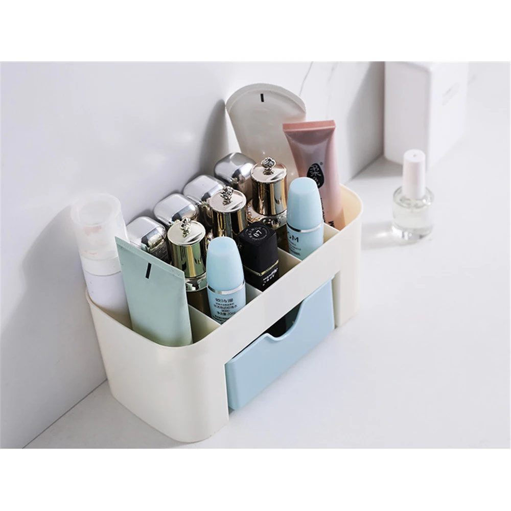 Makeup Box Organizers Large Makeup Brushes Holder Cosmetic Storage Box with Drawer Plastic for Brushes Holder Sundries Container - Handle Color: Blue