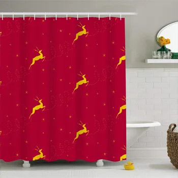 

Gold Elk Cartoon Red Bathroom Curtains with Free Hooks Christmas Polyester Waterproof Custom Shower Curtains 180x200cm for Home