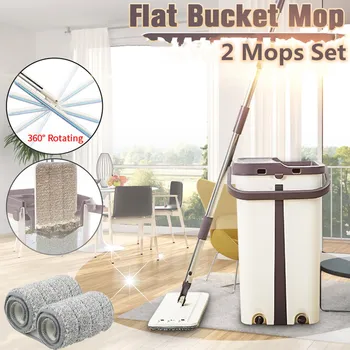 

Magic Mops Cleaning Mops Free Hand Mop With Bucket Floors Squeeze Flat Mop With Water Home Kitchen Floor Cleaner With 2PCS Mops