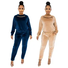 RStylish Women Solid Warm Velvet Two Piece Set Casual O-Neck Long Sleeve Top+Elastic Waist Slim Pencil Pants Tracksuit