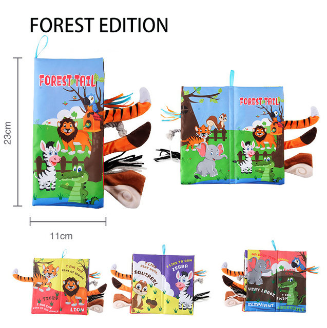 Cloth Book Baby Three-dimensional Animal Tail Cloth Book Washable HangingToys TearingNot RottenEnglish Cognitive Cloth Book