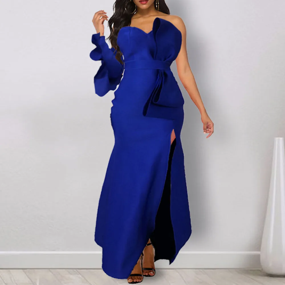 

Blue Falbala Women Party Dress Sexy Strapless Long Maxi Dinner Mermaid Trumpet Dresses Robe Elegant African Ruffles Vestiods