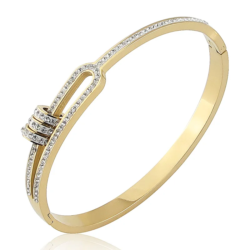 Stainless Steel Three Circles Crystal Bangle Bracelet Half Hollow Design For Women's Love Gifts