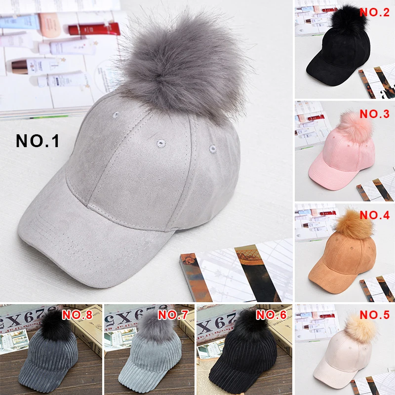 Women Winter Pompom Pink Suede Baseball Cap Autumn Casual Streetwear Black Cap Elegant Girls Hats blue baseball cap