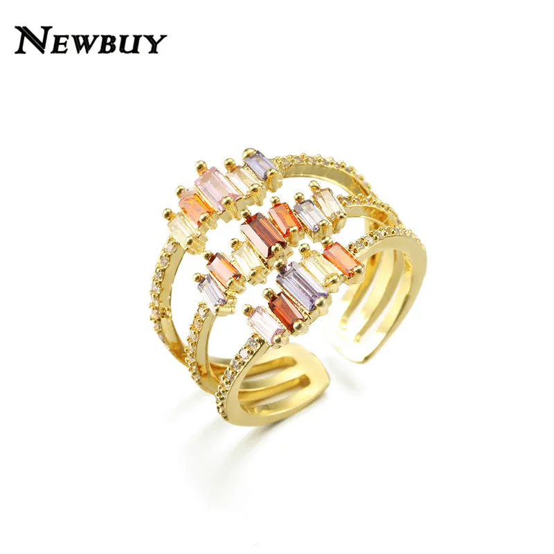 NEWBUY модное кольцо с 3 рядами радужного цвета кубическим цирконием золотое