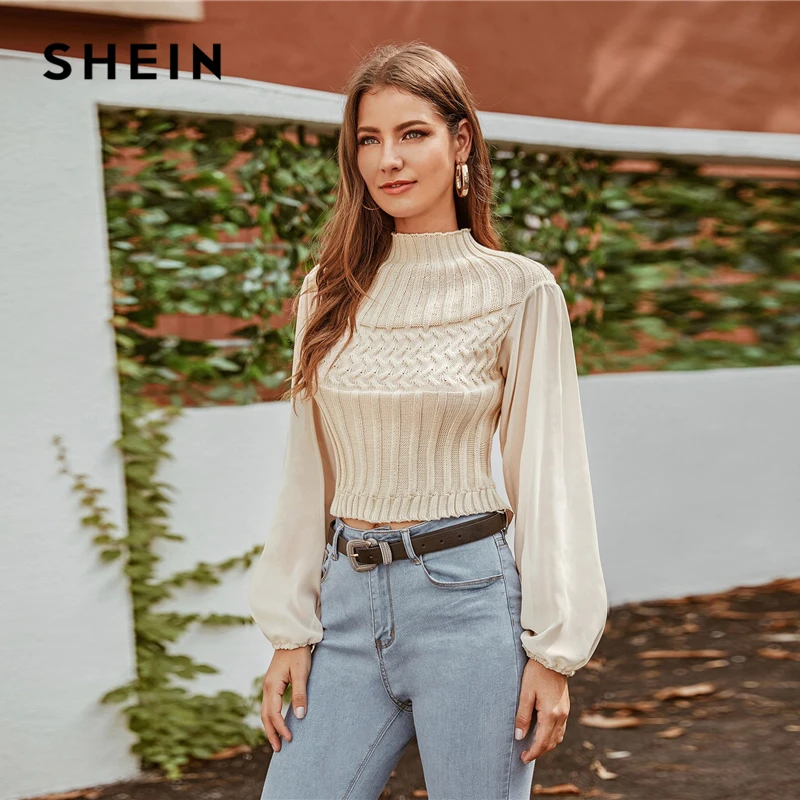 SHEIN бежевый смешанный вязаный кроп-свитер с воротником-стойкой, женский осенне-зимний сетчатый Одноцветный Повседневный шикарный свитер с рукавом Бишоп