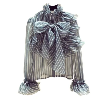 

Striped Long-Sleeve Chiffon Shirt Women's 2019 Autumn New Korean Ruffle Bow Tie Temperament Blouse Top Ladies Basic Blusas Blusa