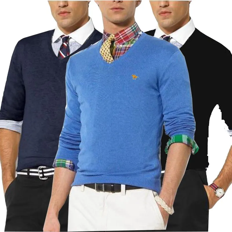 Новинка, свитер поло с вышитым логотипом, Мужской пуловер, Одноцветный, Приталенный джемпер, вязаный, v-образный вырез, осенний стиль, повседневная мужская одежда