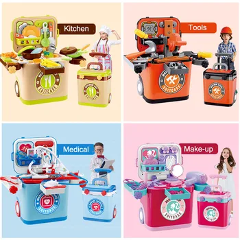 

15pcs Children Pretend Girl Makeup Trolley Case Toy Hairdressing Play House Dessert Kitchen Set for Fashion Gift Girl Boy Toy