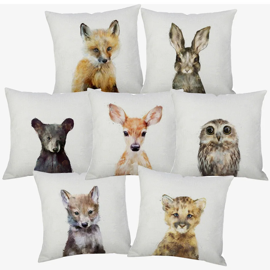 

Hand Painting Animals Cushion Covers Fawn Deer Fox Rabbot Bear Panda Cushion Cover Decorative Linen Pillowcase For Bedroom Sofa