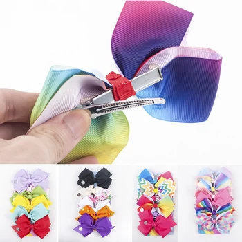 

6 Pcs/Set Rainbow Printed Knot Ribbon Bow Hair Chip For Kids Girls Brithday Gift Hair Accessories Wholesale