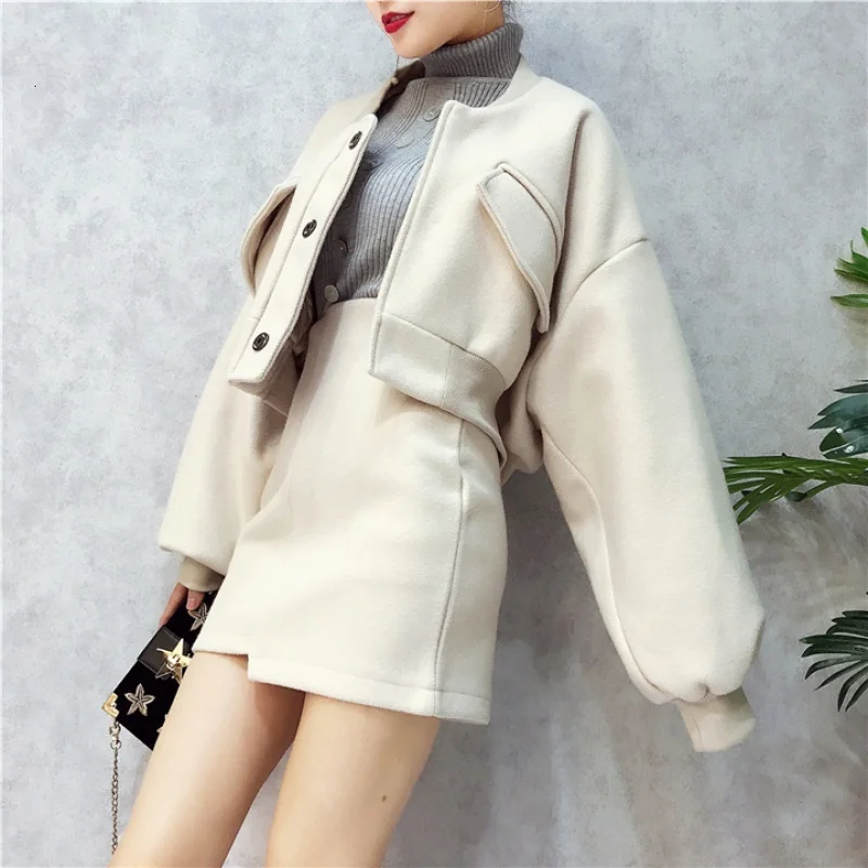 

2020 Bat Sleeve Woolen Short Loose Autumn Spring Jacket With Skirt Women High Waist Irregular Streetwear Coat Female Cloak Tunic