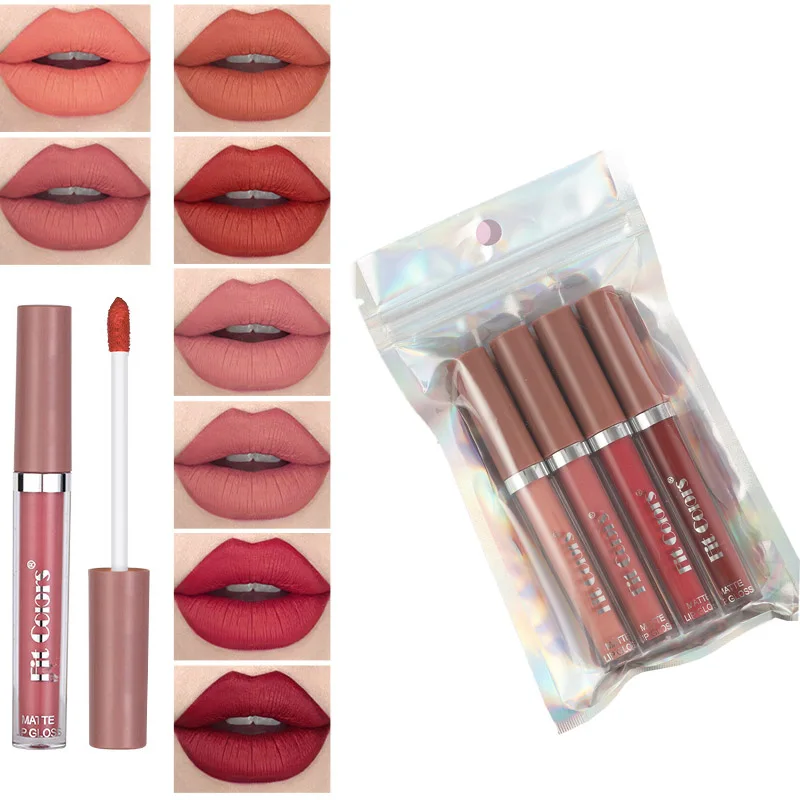 

Free shipping Matte long lasting color lip gloss set 4 colors matte thin tube liquid makeup lipstick matte lipstick set