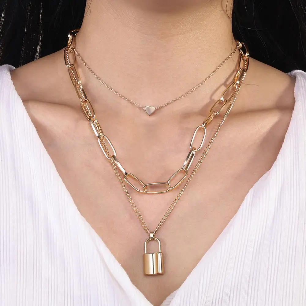 

Multi Layer Gold Color Lover Lock Pendant Steampunk Padlock Heart Chain Necklace Collier Best Couple Jewelry ZTXL078