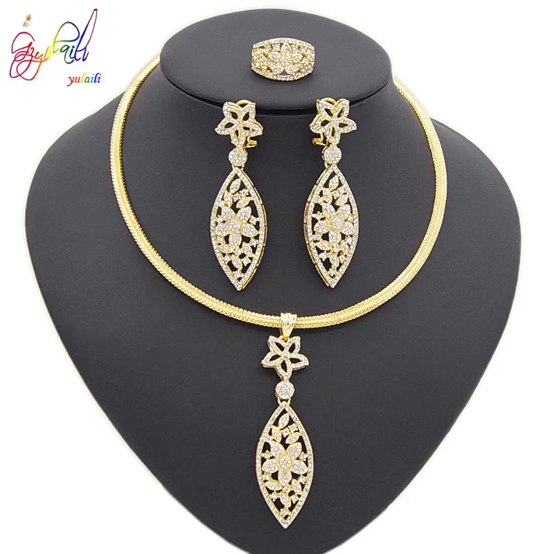 

Yulaili New Top Quality Elegant Charm Crystal Italy Gold Choker Dangle Earring Ring Nigeria Wedding Bridal Jewelry Sets Gift Box