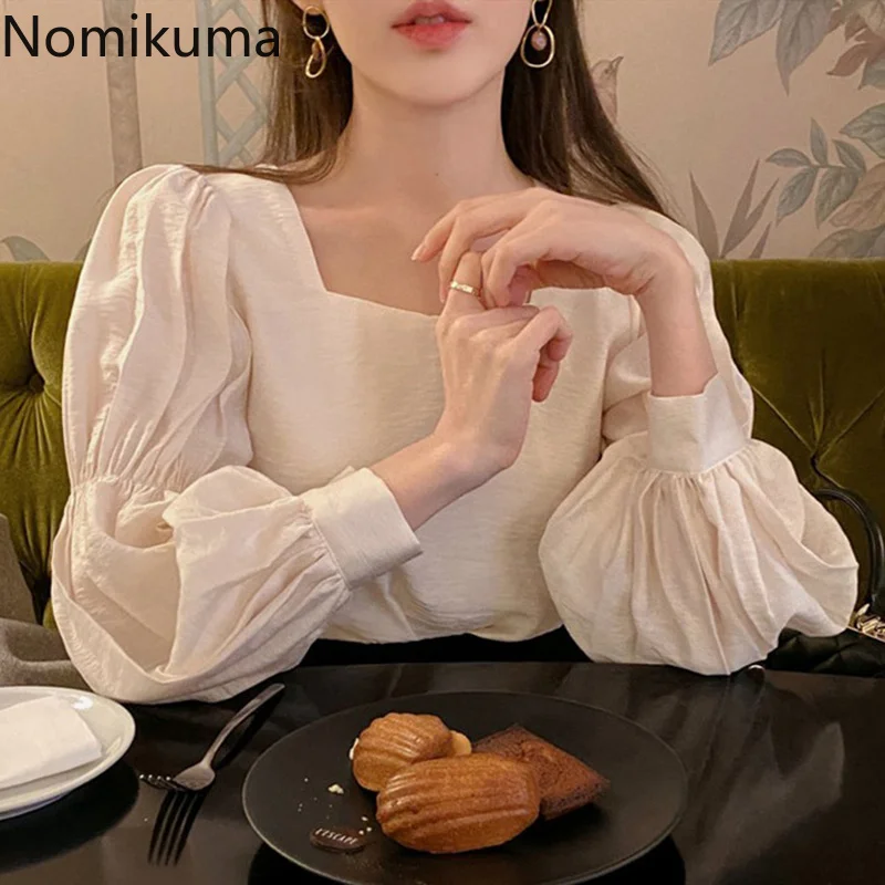 Блузка Nomikuma Женская однотонная с квадратным вырезом шикарная Милая рубашка