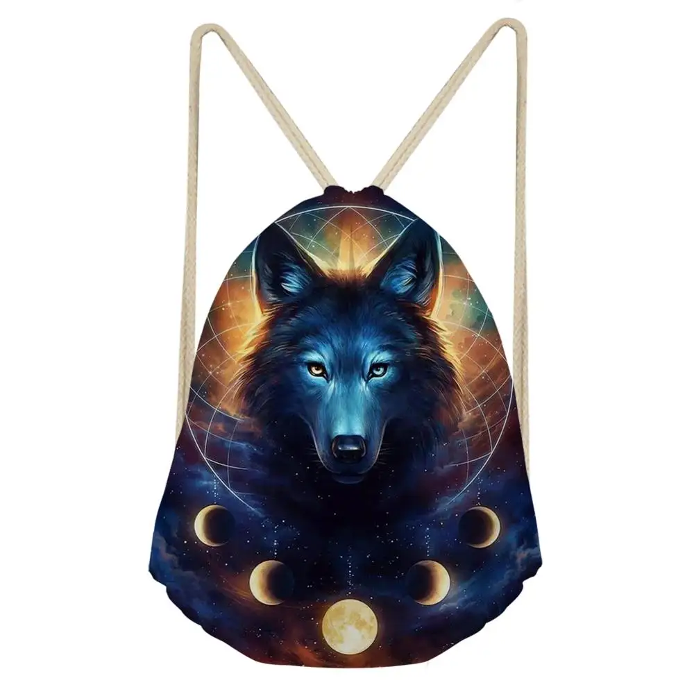 HaoYun Fashion Women's Drawstring Bags Cute Wolf Prints Pattern Beach Shoes Pockets Fashion Girls Mini Travel Organizer Bags