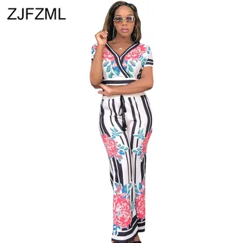 

2020 Floral Print 2 Piece Matching Sets Women Short Sleeve Backless Crop Top+Straight Pant Summer Night Club Party Beach Outfits