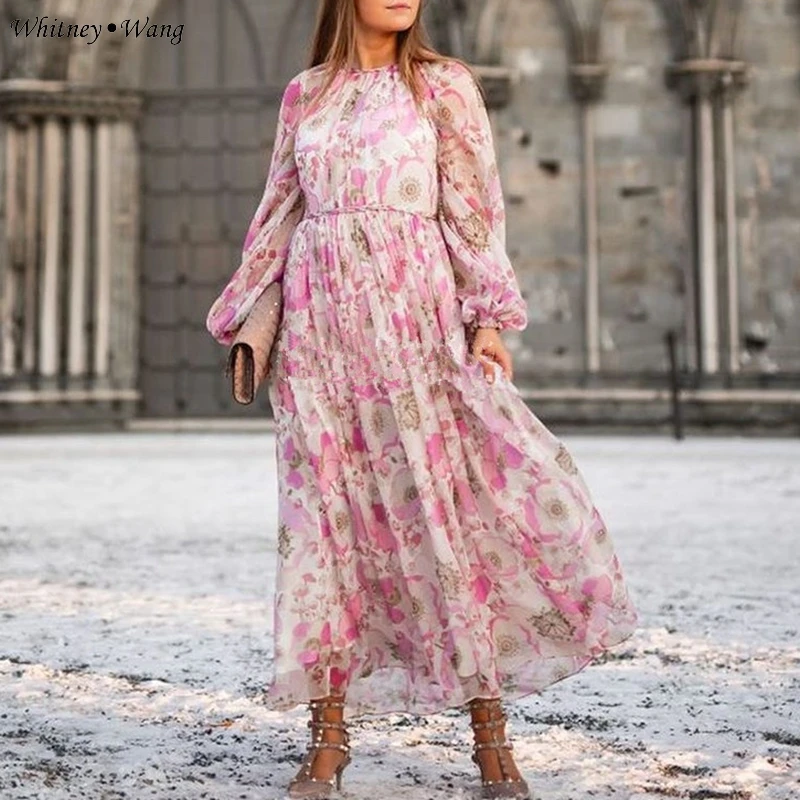 WHITNEY WANG 2020 Spring Fashion Lantern Sleeve Printed Chiffon Dress Women Holiday Beach Lady Party | Женская одежда