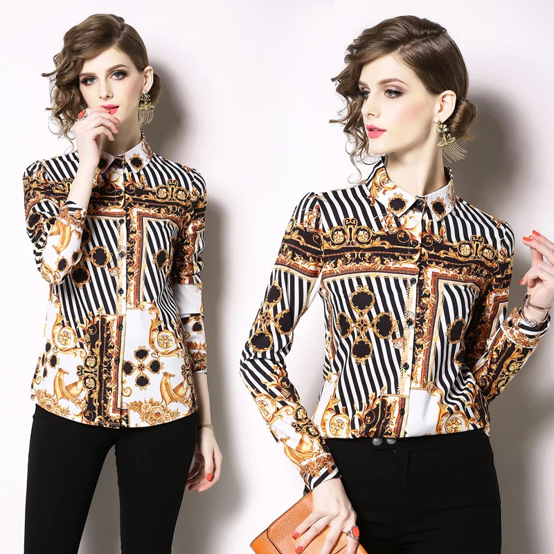 

2019 Spring Summer Fall Runway Vintage Baroque Striped Print Collar Long Sleeve Womens Ladies' Party Casual OL Top Shirts Blouse