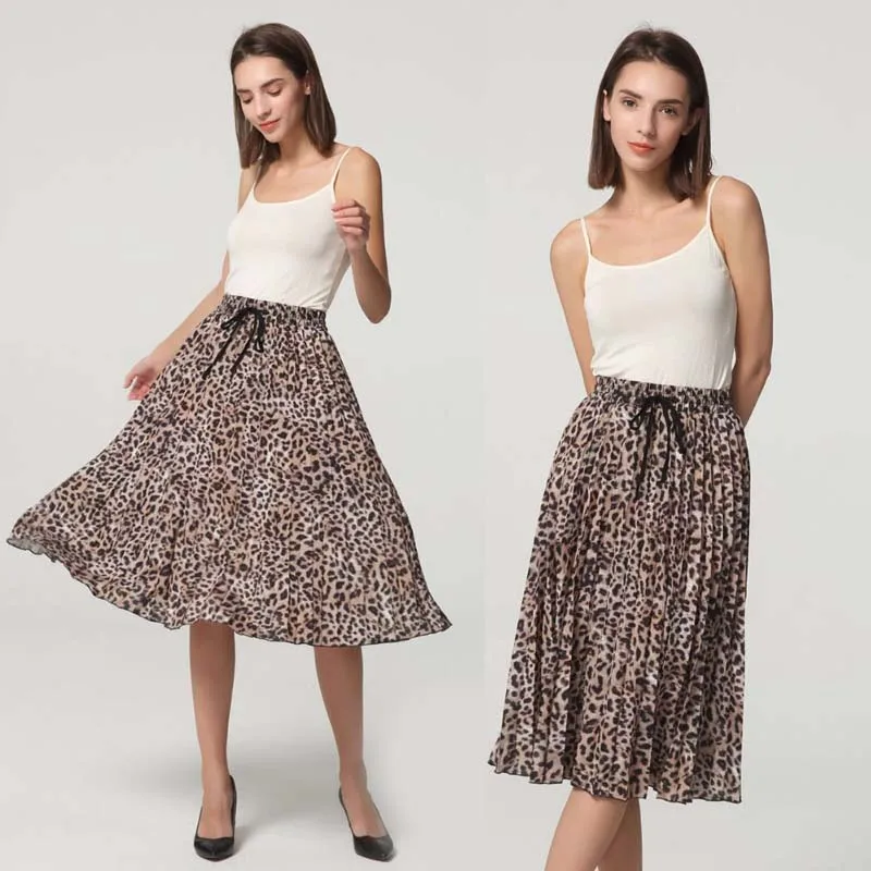 2019 Новая женская винтажная плиссированная юбка миди с леопардовым принтом Faldas Mujer женский эластичный пояс с поясом шикарные женские юбки