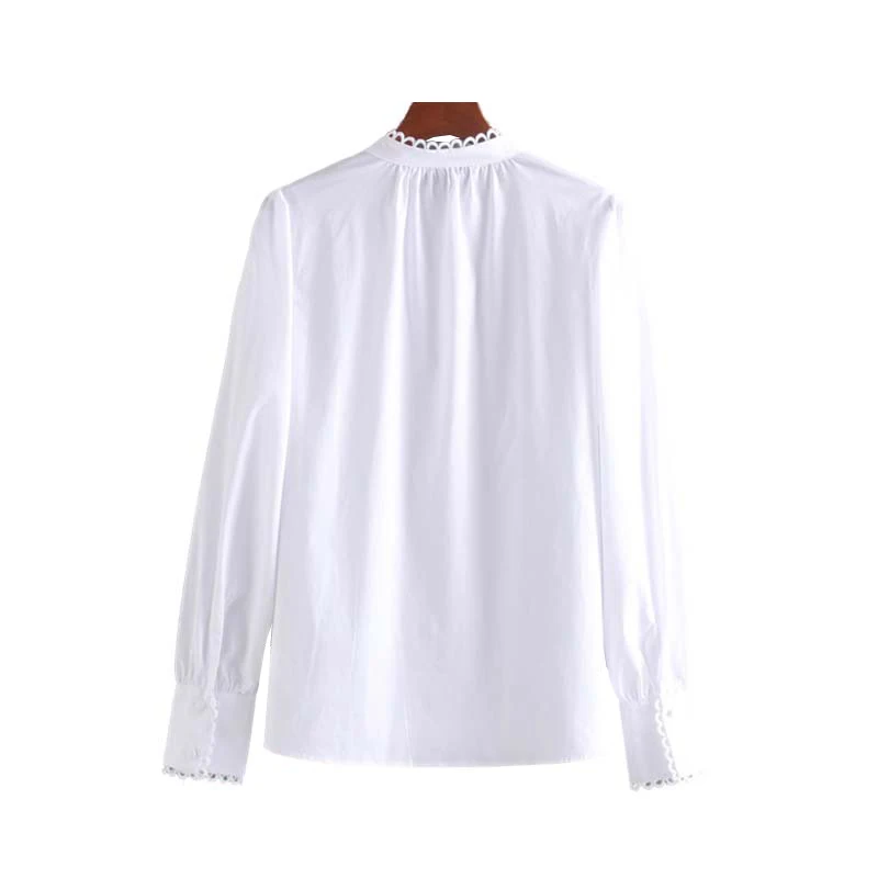 Ceny W stylu Vintage słodkie muszelka wykończenia Patchwork bluzki kobiety 2019 moda O Neck z długim rękawem urząd Wear koszule Blusas Mujer Chic topy
