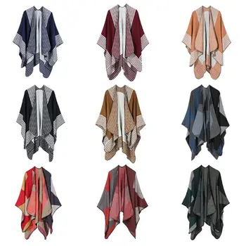 

Women Boho Knitted Pashmina Cardigan Shawl Wrap Color Block Stripes Poncho Cape