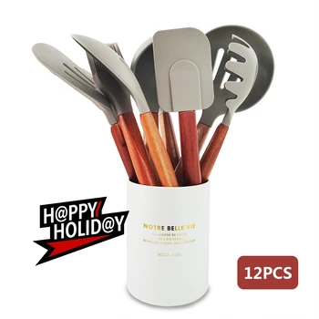 

6/9/12PCS Kitchen Utensils Set Acacia Wood Handle Silicone Cooking Utensils Non-stick Spatula Cooking Tools Kitchen Accessories