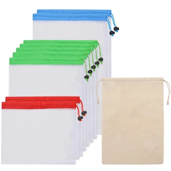 

10 Pack Reusable Polyester Produce Mesh Bag for Fruits and Vegetables, Organic Bulk Bags for Grocery,Transport,Store, Vegetables