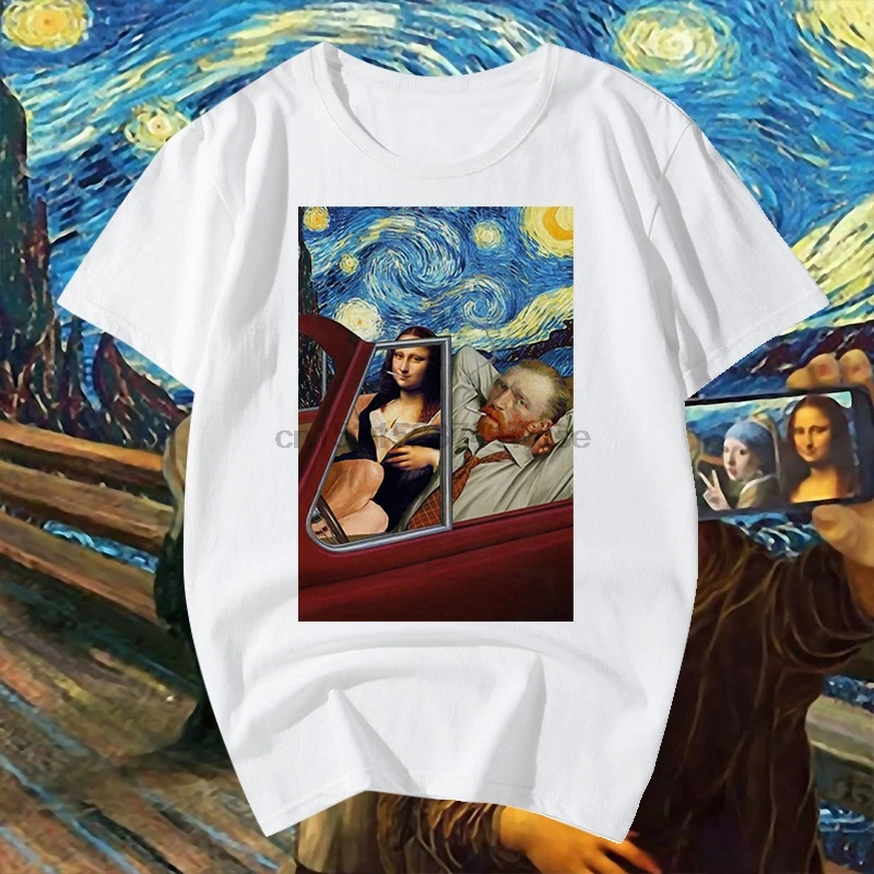 Funny Mona lisa T Shirt Van Gogh Starry Night with Oil Painting Fashion Harajuku HIp hop Tshirt Streetwear Tee | Мужская одежда