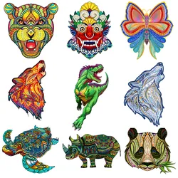 Quebra cabeça de madeira para adultos e crianças, animais de cor, borboleta, lobo, dinossauro, brinquedo diy, presente