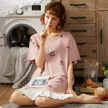 

Plus size M-XXXL cartoon cute ladies night dress 2020 spring and summer new fashion night dress comfortable O-neck night dress