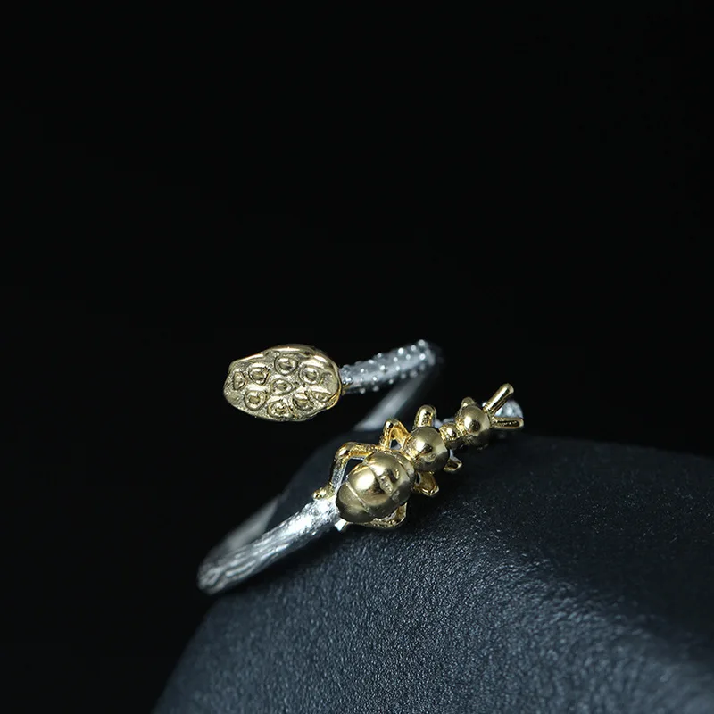 

Genuine 925 Sterling Silver Ring for Women Lotus Seedpod Ants Adjustable Rings Exclusive Personalized Jewelry bijouterie