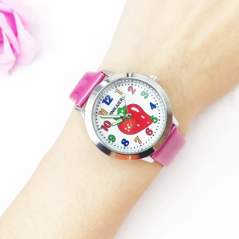 hot fashion cartoon watch for kids jelly leather strap girl's quartz watch boy students clock Strawberry pattern drop shipping wholesale colorful number (16)