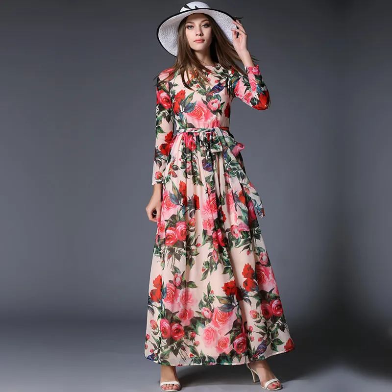 

Europe And America Big Brand Women's Dress Spring And Autumn New Style Europe And America Printed Chiffon Dress Long Sleeve Slim