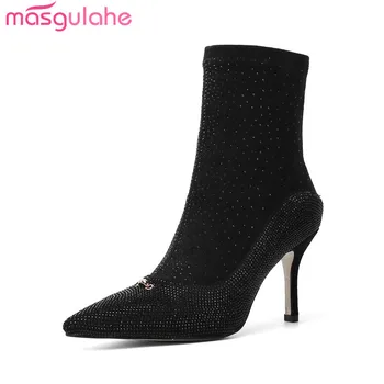 

Masgulahe 2020 autumn winter boots for female pointed toe slip on shoes ladies ankle boots black sexy super high heels boots