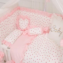 Комплект постельного белья для детей, хлопок, клубничный узор, детская кроватка, розовая кружевная наволочка, пододеяльник, кроватка для новорожденного, плоский лист, комплект детской кровати