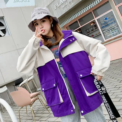purple UHYTGF куртка Женская мода Цвет Соответствующие студенческие весна осень пальто корейский Свободный Плюс Размер куртка с капюшоном повседневное короткое пальто 900 - Цвет: purple