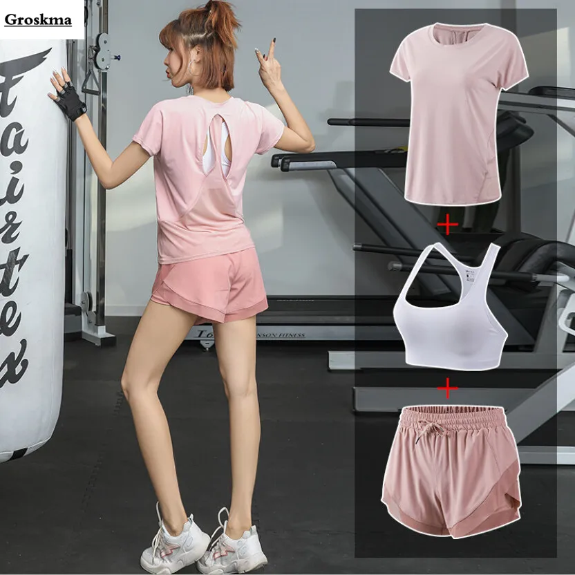 

Quick dry women yoga t shirt+bra+shorts fitness gym sports running 3 piece set high quality outdoor training clothing