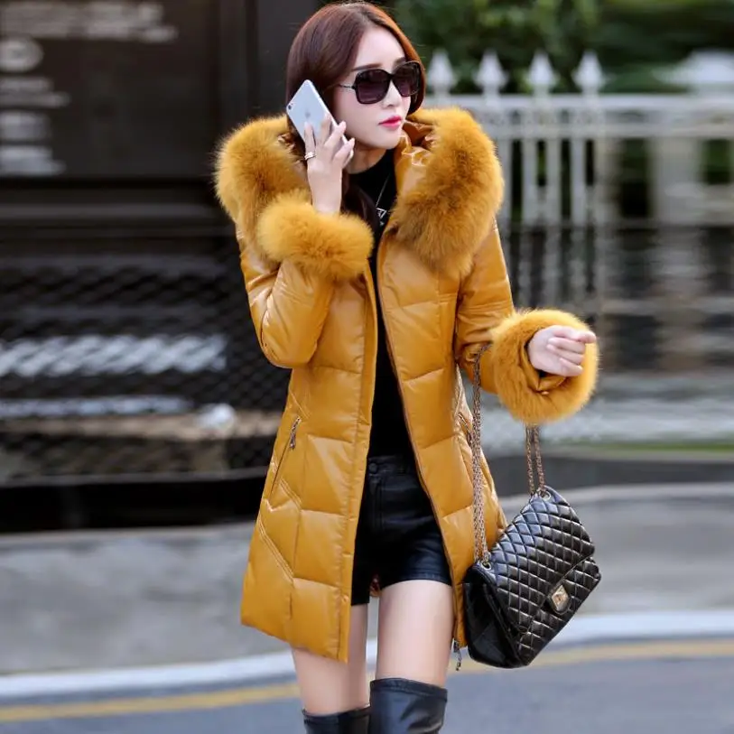 Winter real leather duck down coat female big natural fox fur parkas Пуховик was thin longer thick warm hooded down coat F424 - Color: yellow