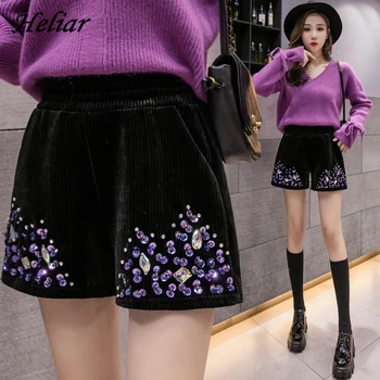 

HELIAR Purple Beading Heavy Woolen Embroideried Shorts Women Outerwear High Waist Short Wide Leg Women Shorts For Women 2020