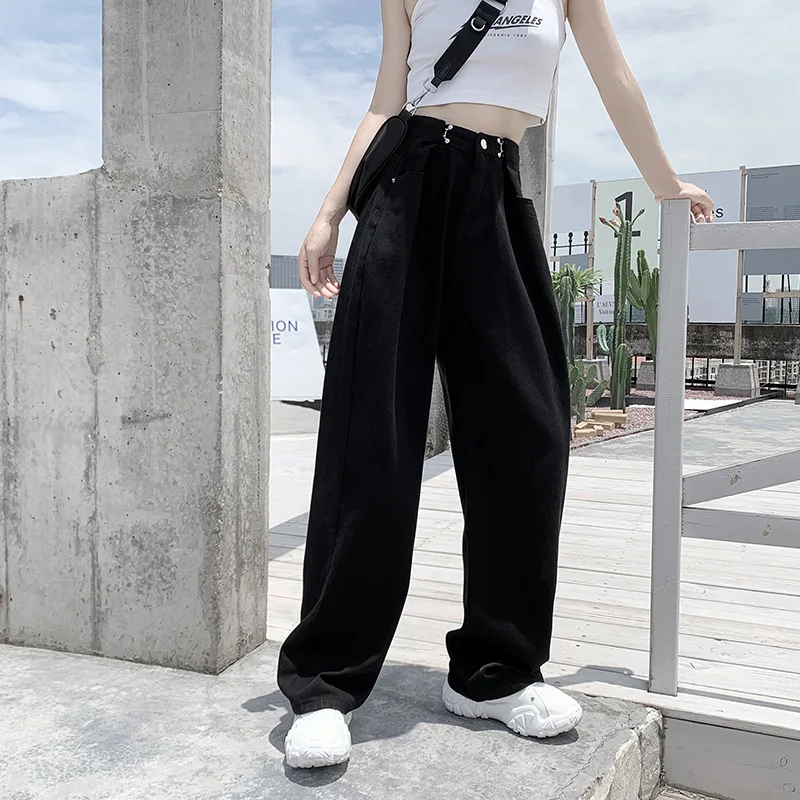 

Autumn new buttoned high-waisted denim pleated mopping trousers BF hyuna style old pants wide-leg pants black straight