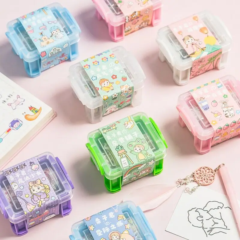 

MINKYS Kawaii Cute Washi Masking Tape Set With Storage Box And Sticker, Diary Decorative Adhesive Tape School Stationery