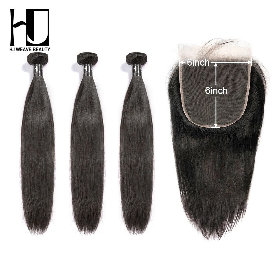 HJ Weave beauty 7A Virgin Hair человеческие волосы пряди с закрытием бразильские волосы плетение пряди прямые 6x6 HD Кружева Закрытие