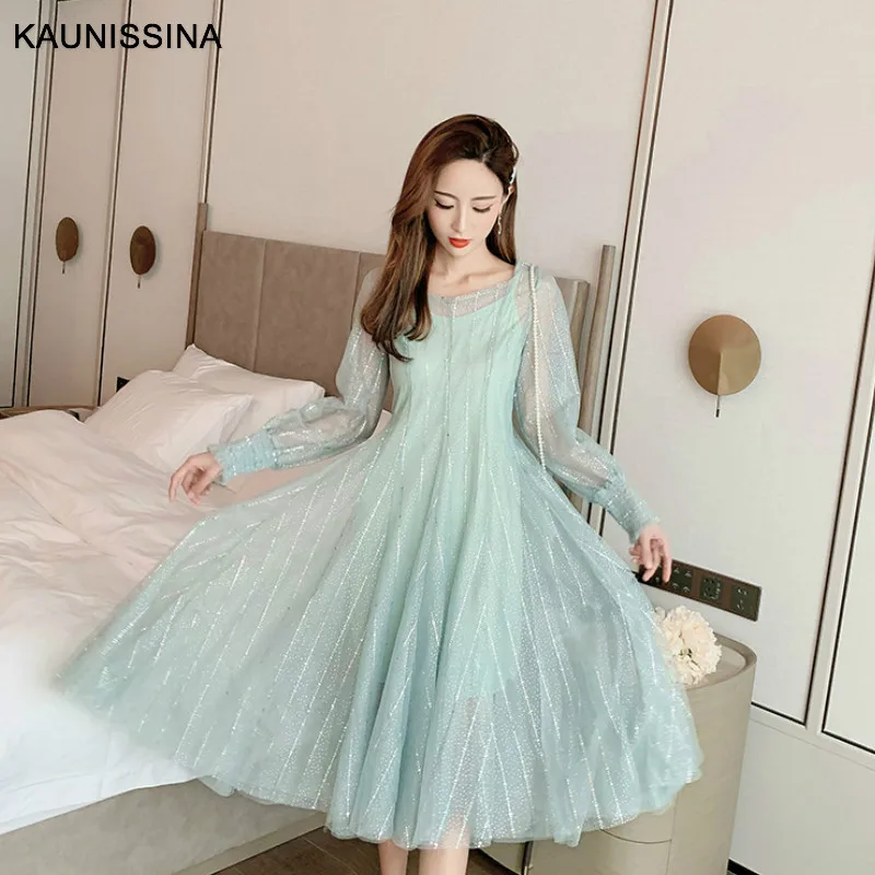 KAUNISSINA Sequins Long Cocktail Dresses Sweet Tulle Two Piece Dress Women Fashion Sleeve Maxi Korea Homecoming | Свадьбы и