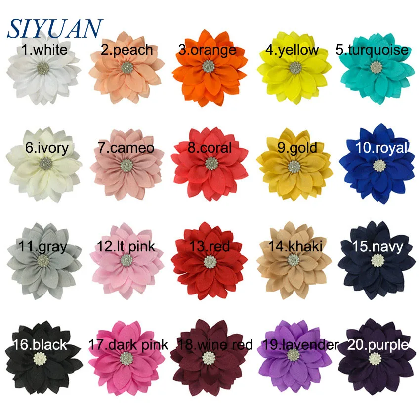 50pcs/lot 9cm Multy Layer Fabric Flower with Rhinestone Chic Lotus Flower Kids Lovely Headwear Accessories High Quality TH300 - Цвет: mix
