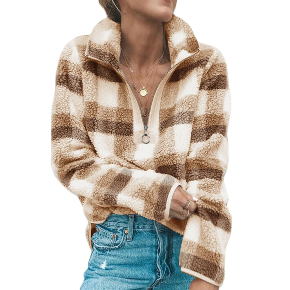 

Fleece Sweatshirt Faux Fur Plaid Women Fuzzy Collared Zipper High Neck Long Sleeve Pullover Casual Winter Warm Thick Outwear
