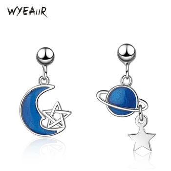 

WYEAIIR Asymmetry Blue Universe Planet Moon Stars 925 Sterling Silver Female Dangle Earrings
