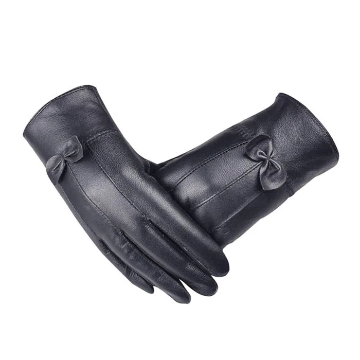 Black Fashion winter gloves Women PU Bow Knot Female Winter Super Warm Gloves Lady Windproof Driving Cycling Gloves rekawiczki zimowe - Цвет: Black